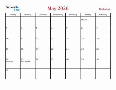 Current month calendar with Barbados holidays for May 2026