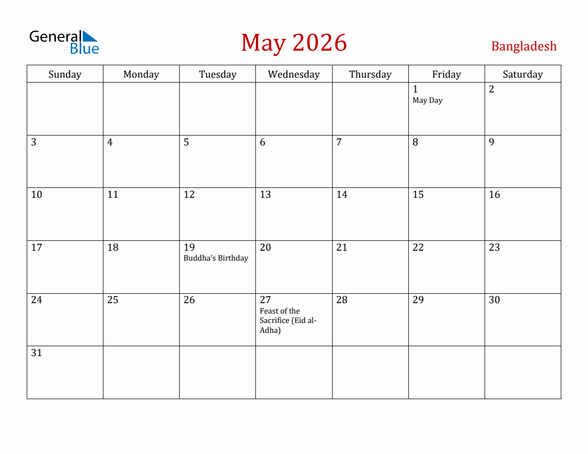May 2026 Bangladesh Monthly Calendar with Holidays