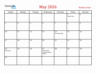 Current month calendar with Burkina Faso holidays for May 2026