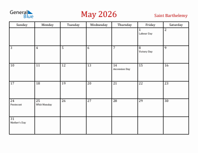 Current month calendar with Saint Barthelemy holidays for May 2026