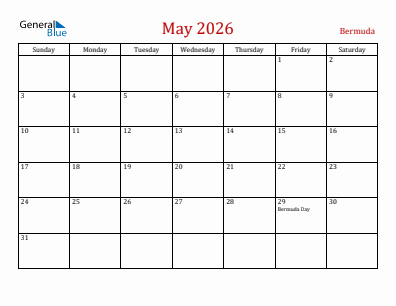 Current month calendar with Bermuda holidays for May 2026