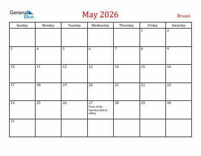 Current month calendar with Brunei holidays for May 2026