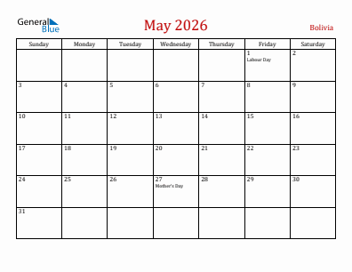 Current month calendar with Bolivia holidays for May 2026