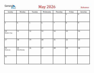 Current month calendar with Bahamas holidays for May 2026