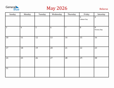 Current month calendar with Belarus holidays for May 2026