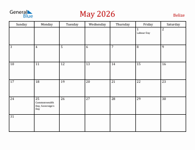 Current month calendar with Belize holidays for May 2026