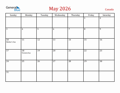 Current month calendar with Canada holidays for May 2026