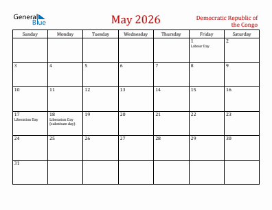 Current month calendar with Democratic Republic of the Congo holidays for May 2026