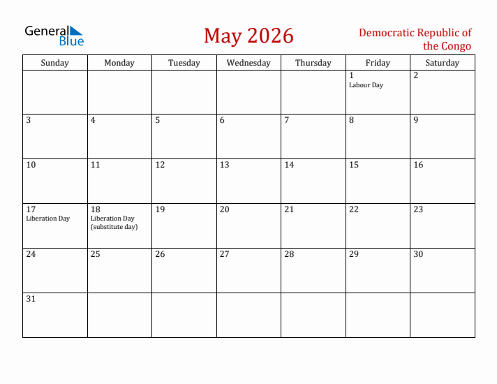 Democratic Republic of the Congo May 2026 Calendar - Sunday Start