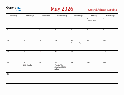 Current month calendar with Central African Republic holidays for May 2026