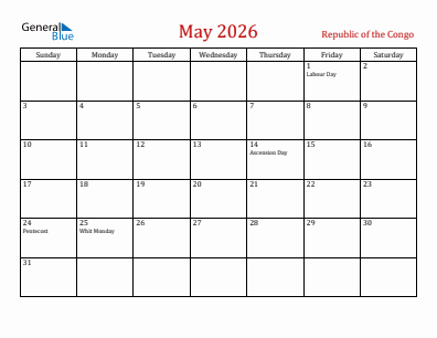 Current month calendar with Republic of the Congo holidays for May 2026