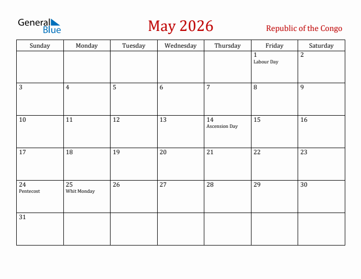 Republic of the Congo May 2026 Calendar - Sunday Start