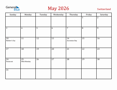 Current month calendar with Switzerland holidays for May 2026
