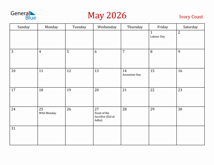 Ivory Coast May 2026 Calendar - Sunday Start