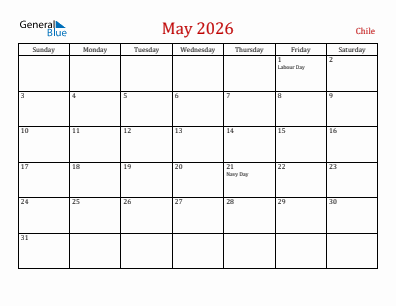 Current month calendar with Chile holidays for May 2026
