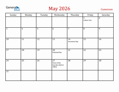 Current month calendar with Cameroon holidays for May 2026