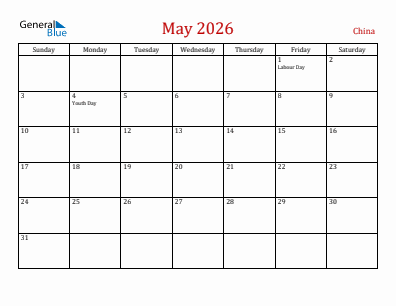 Current month calendar with China holidays for May 2026