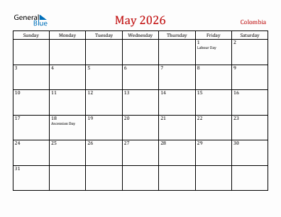 Current month calendar with Colombia holidays for May 2026