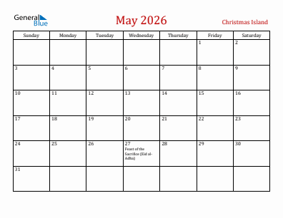 Current month calendar with Christmas Island holidays for May 2026