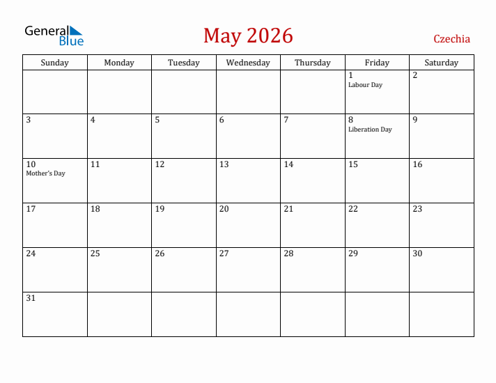 Czechia May 2026 Calendar - Sunday Start
