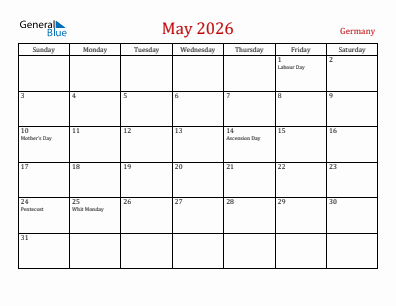 Current month calendar with Germany holidays for May 2026