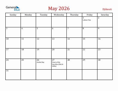 Current month calendar with Djibouti holidays for May 2026