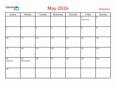 Current month calendar with Dominica holidays for May 2026