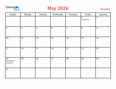 Current month calendar with Ecuador holidays for May 2026
