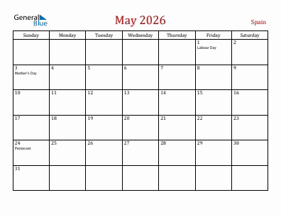 Current month calendar with Spain holidays for May 2026