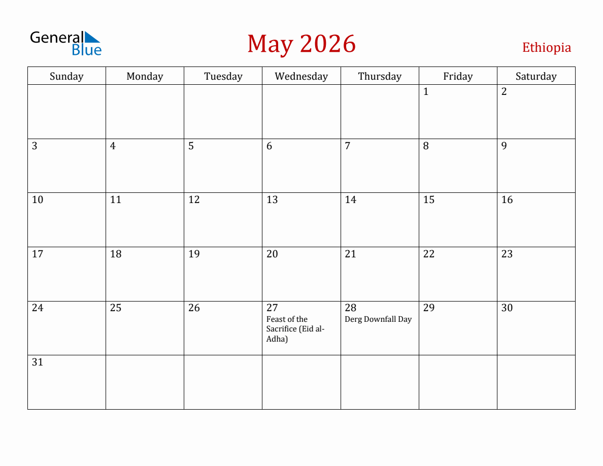May 2026 Ethiopia Monthly Calendar with Holidays