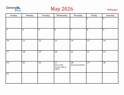Current month calendar with Ethiopia holidays for May 2026