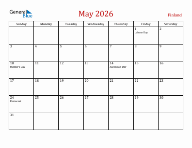 Current month calendar with Finland holidays for May 2026