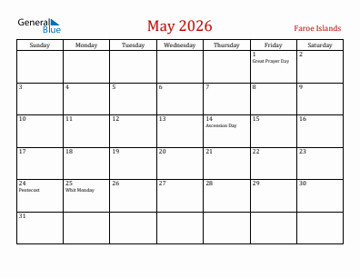 Current month calendar with Faroe Islands holidays for May 2026