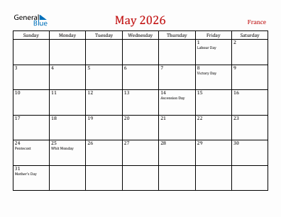 Current month calendar with France holidays for May 2026