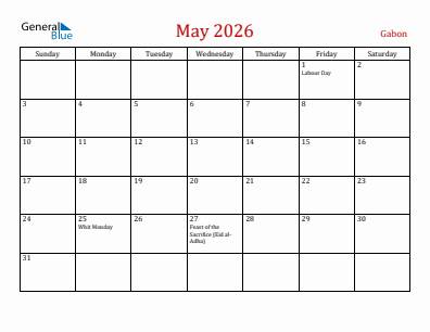 Current month calendar with Gabon holidays for May 2026
