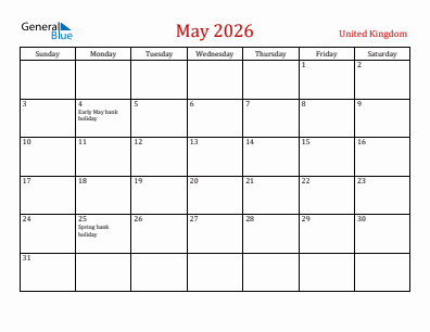 Current month calendar with United Kingdom holidays for May 2026