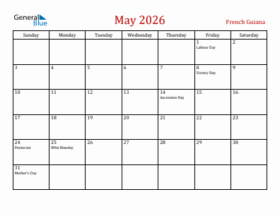 Current month calendar with French Guiana holidays for May 2026