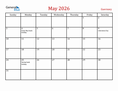 Current month calendar with Guernsey holidays for May 2026