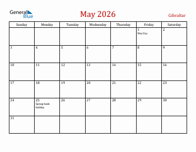 Current month calendar with Gibraltar holidays for May 2026