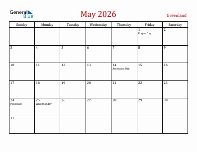 Current month calendar with Greenland holidays for May 2026