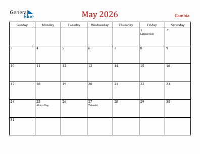 Current month calendar with Gambia holidays for May 2026