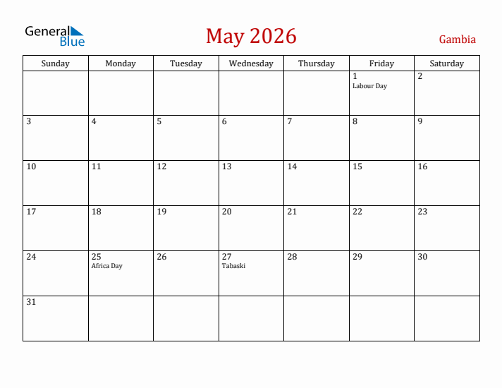 Gambia May 2026 Calendar - Sunday Start