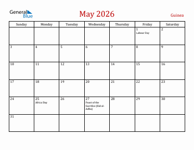 Current month calendar with Guinea holidays for May 2026