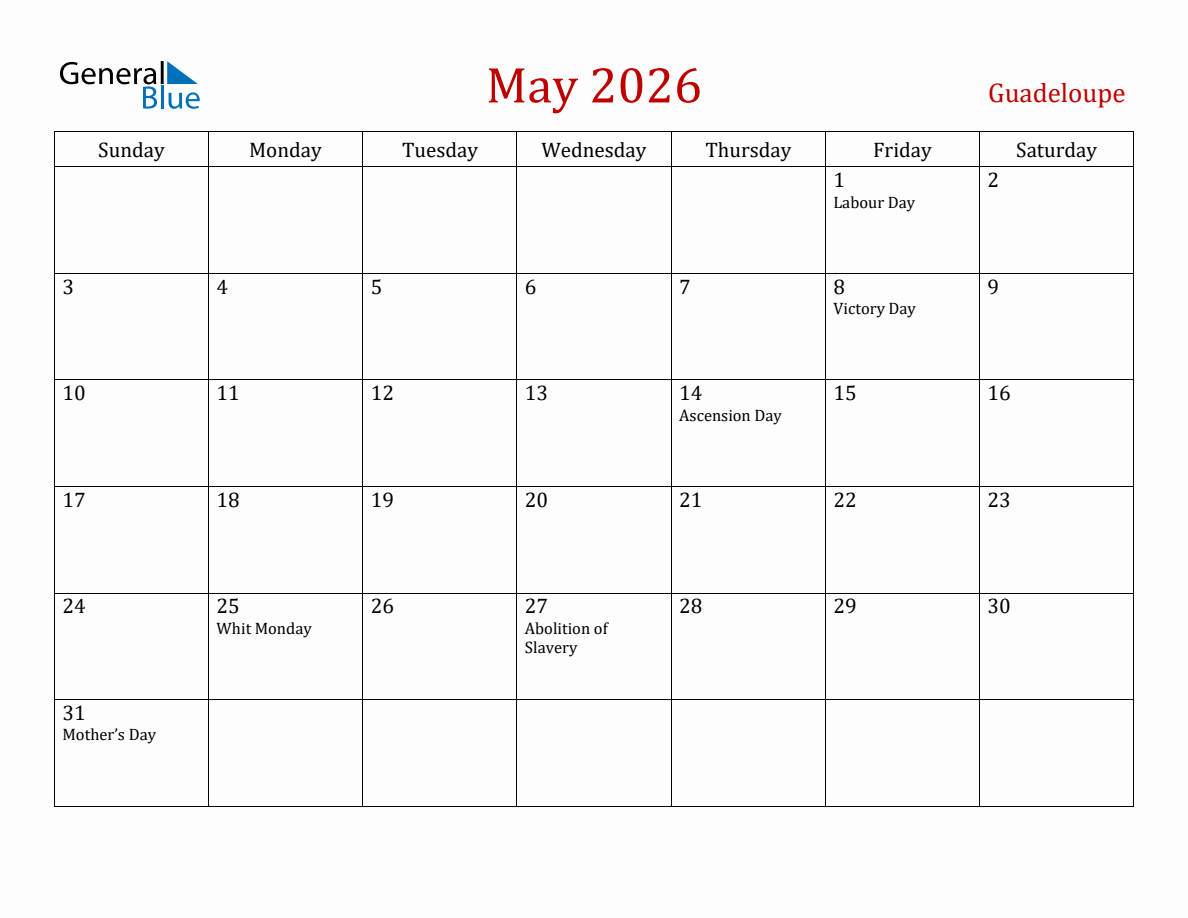 May 2026 Guadeloupe Monthly Calendar with Holidays