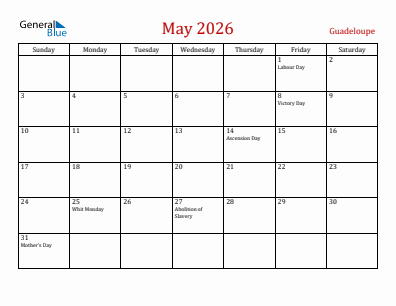 Current month calendar with Guadeloupe holidays for May 2026