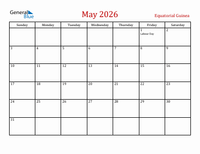 Current month calendar with Equatorial Guinea holidays for May 2026