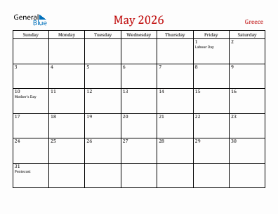 Current month calendar with Greece holidays for May 2026