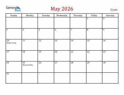 Current month calendar with Guam holidays for May 2026