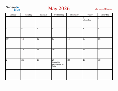 Current month calendar with Guinea-Bissau holidays for May 2026