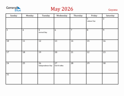 Current month calendar with Guyana holidays for May 2026